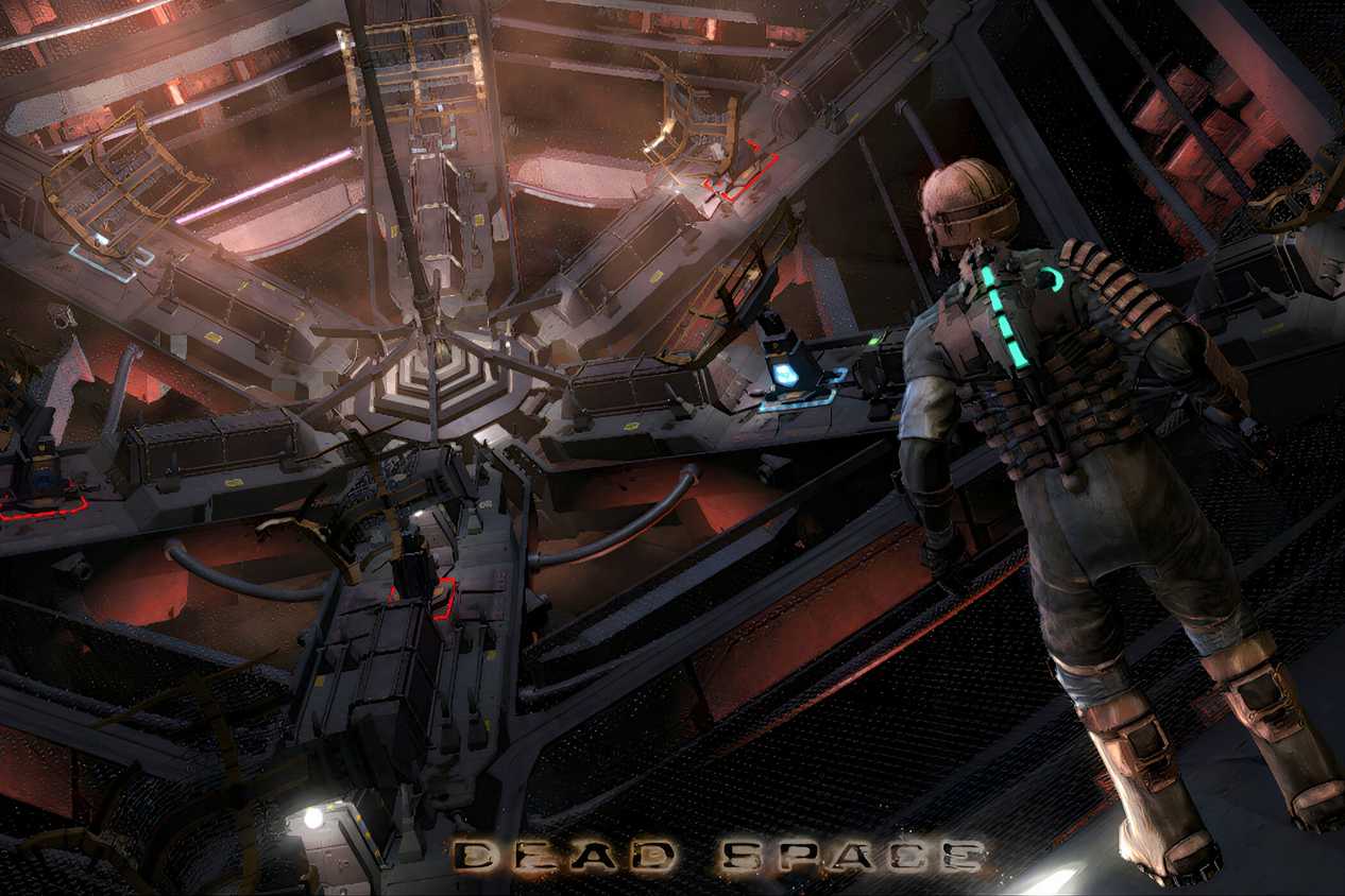 An image from 2008's Dead Space, showing a person in a space mining suit look at a huge, mechanical room.