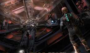 An image from 2008's Dead Space, showing a person in a space mining suit look at a huge, mechanical room.