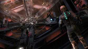 An image from 2008's Dead Space, showing a person in a space mining suit look at a huge, mechanical room.