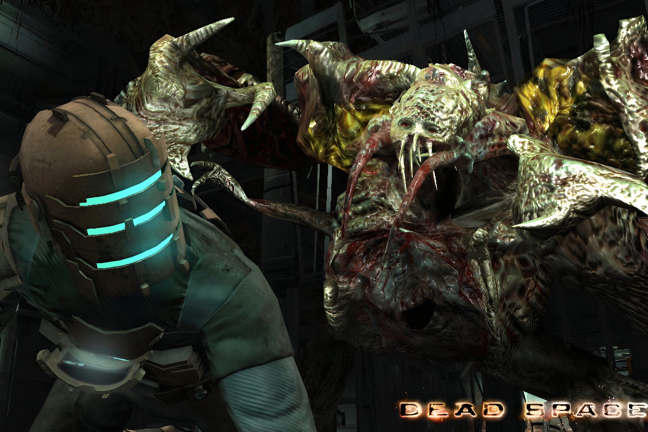 An image from 2008's Dead Space, showing a huge, alien creature creeping up behind a person in a suit.