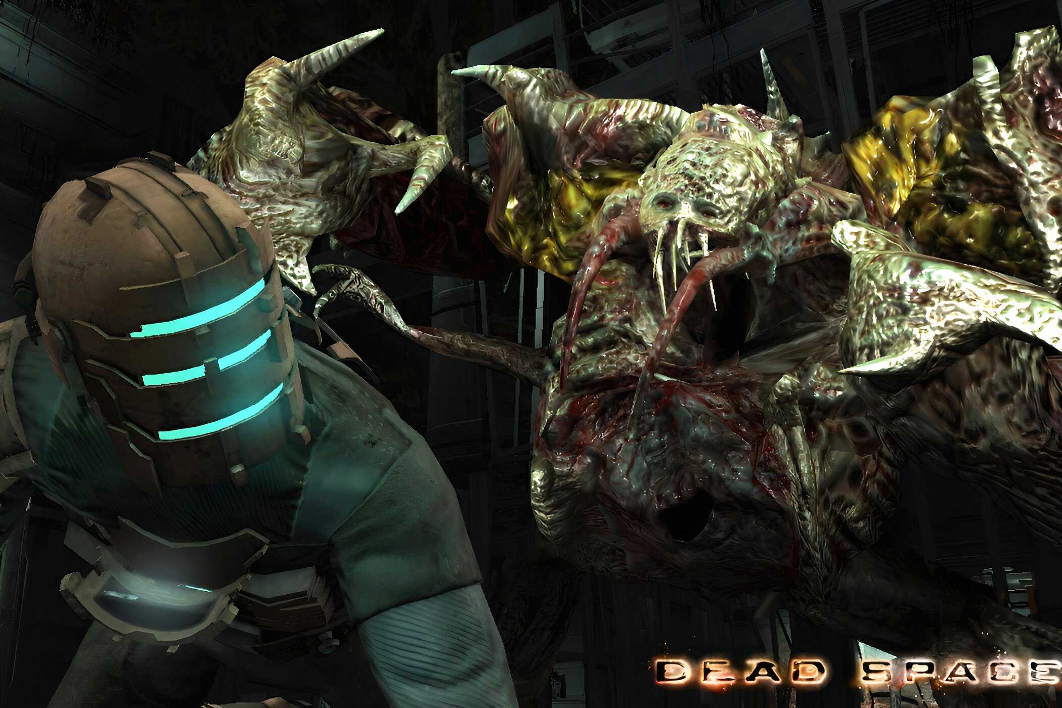An image from 2008's Dead Space, showing a huge, alien creature creeping up behind a person in a suit.