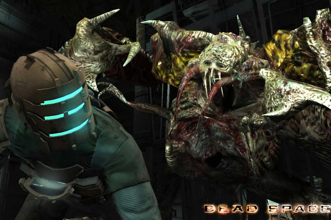 An image from 2008's Dead Space, showing a huge, alien creature creeping up behind a person in a suit.