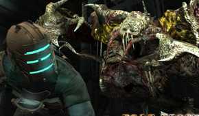 An image from 2008's Dead Space, showing a huge, alien creature creeping up behind a person in a suit.