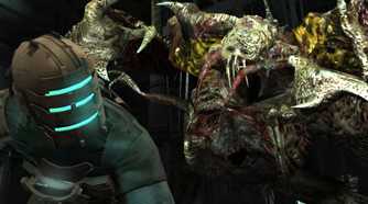 An image from 2008's Dead Space, showing a huge, alien creature creeping up behind a person in a suit.