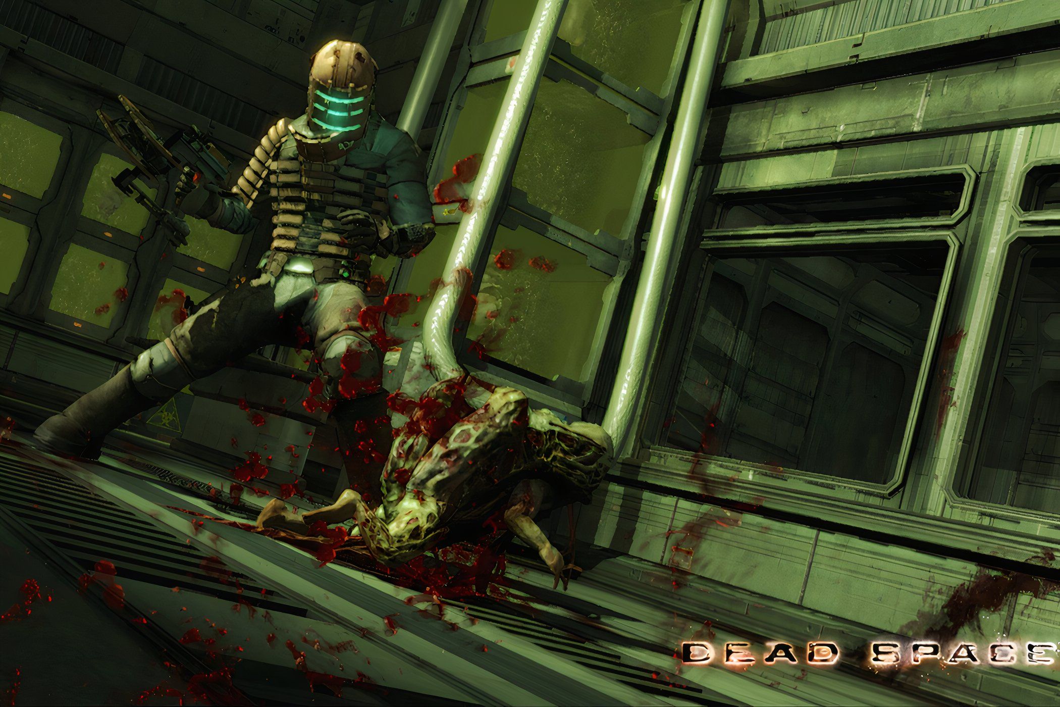 An image from 2008's Dead Space, showing a man in a space mining suit stomp on alien remains.