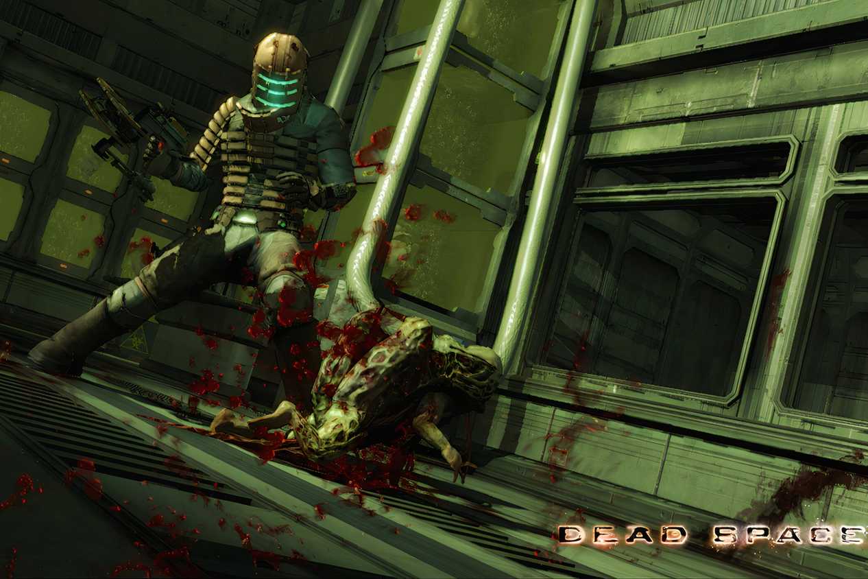 An image from 2008's Dead Space, showing a man in a space mining suit stomp on alien remains.