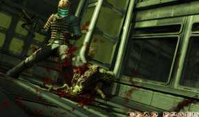 An image from 2008's Dead Space, showing a man in a space mining suit stomp on alien remains.