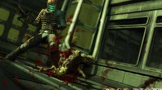 An image from 2008's Dead Space, showing a man in a space mining suit stomp on alien remains.
