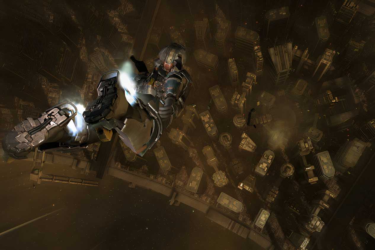 An image from 2011's Dead Space 2, showing a person wearing a space suit flying in zero gravity.