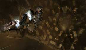 An image from 2011's Dead Space 2, showing a person wearing a space suit flying in zero gravity.