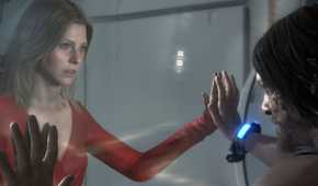 An image from the game "Death Stranding", showing a man and a woman facing each other with a glass wall between them.