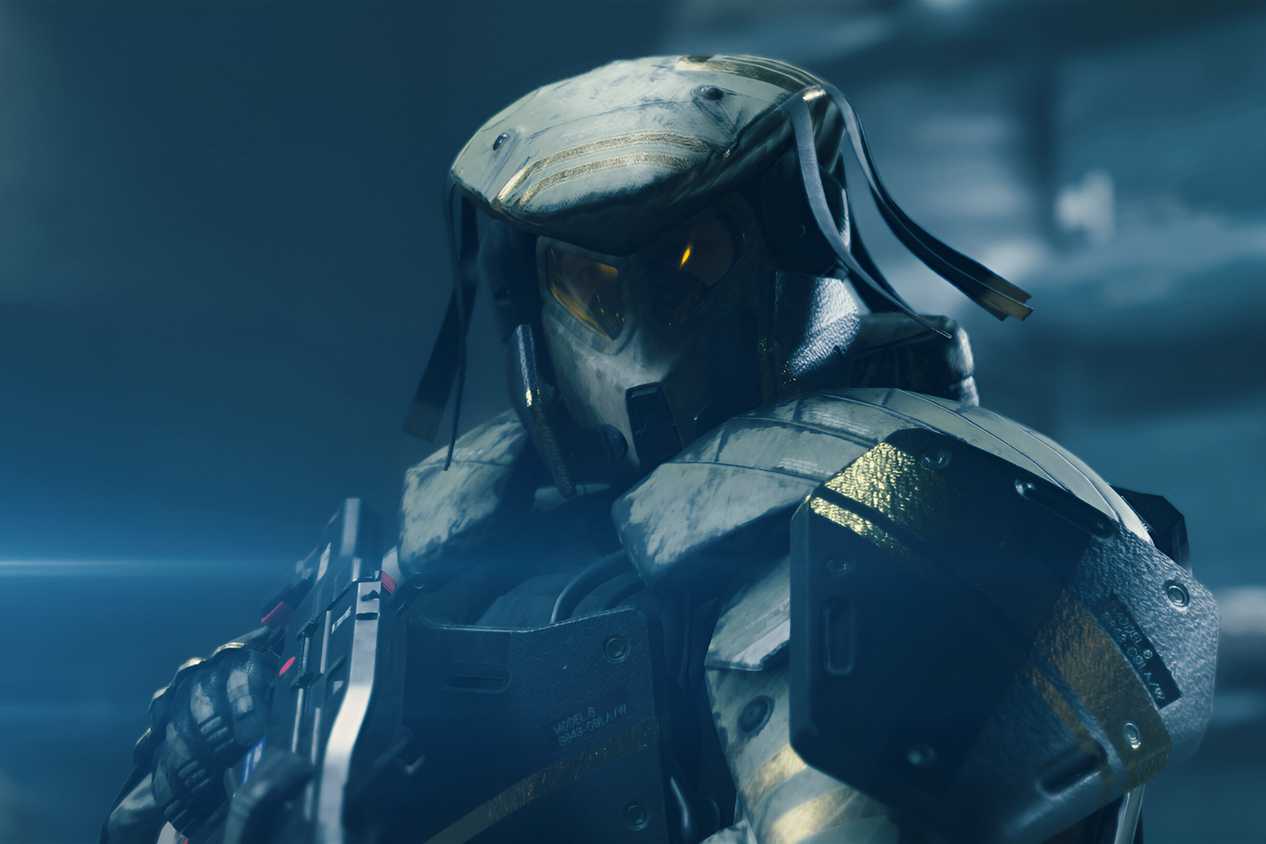 An image from the game "Death Stranding", showing a person in a mechanical suit and mask.