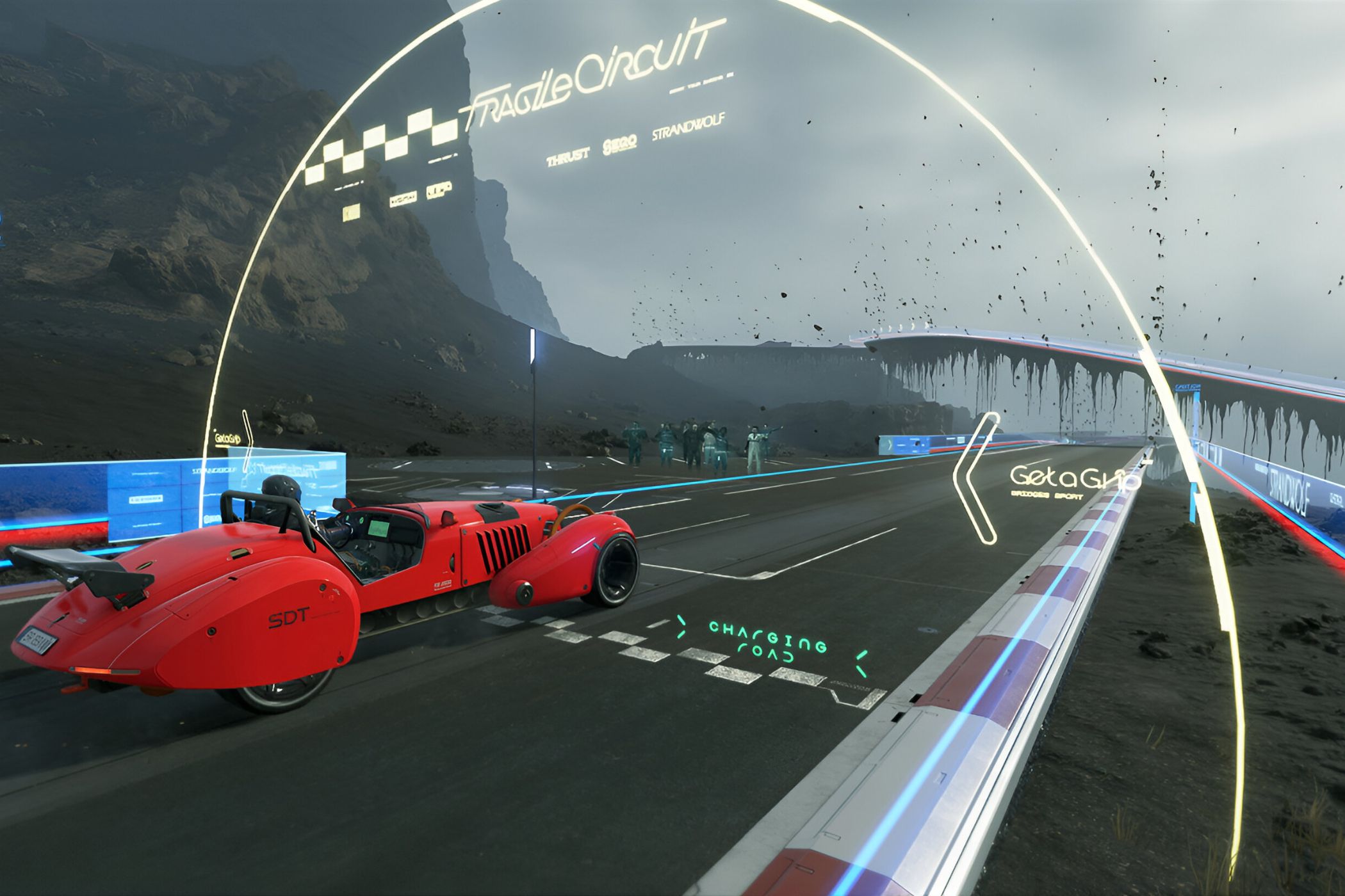 An image from the game "Death Stranding", showing a person in a bright red racing car.