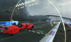 An image from the game "Death Stranding", showing a person in a bright red racing car.