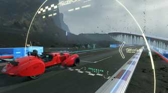 An image from the game "Death Stranding", showing a person in a bright red racing car.