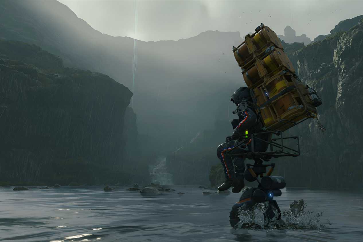 An image from the game "Death Stranding", showing a person sitting on a small moving vehicle in water, with a huge amount of luggage on their back.