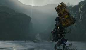 An image from the game "Death Stranding", showing a person sitting on a small moving vehicle in water, with a huge amount of luggage on their back.