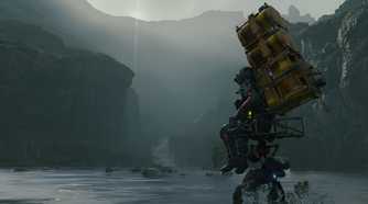 An image from the game "Death Stranding", showing a person sitting on a small moving vehicle in water, with a huge amount of luggage on their back.