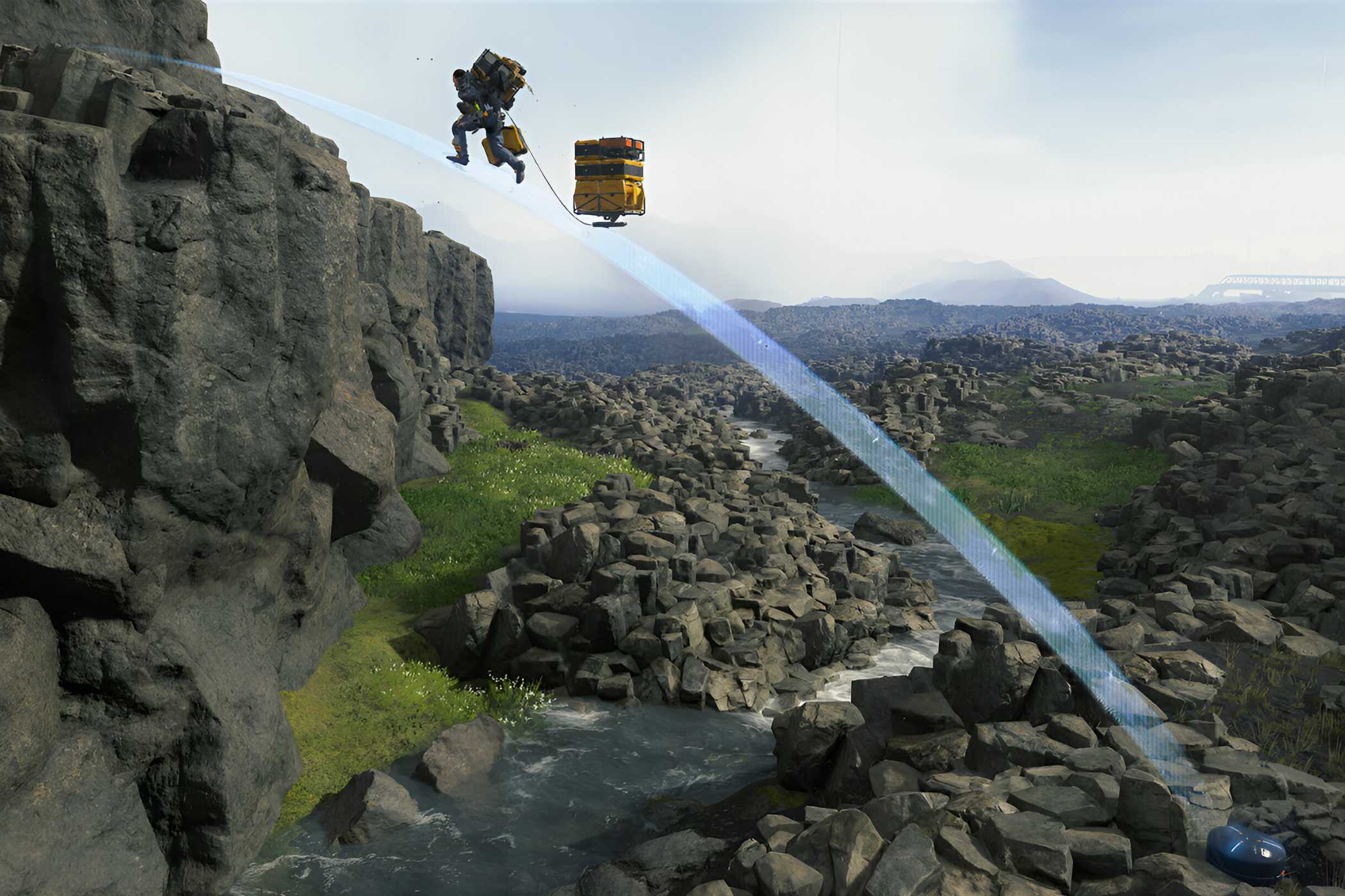 An image from the game "Death Stranding", showing a person jump extremely high across a stream.