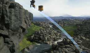 An image from the game "Death Stranding", showing a person jump extremely high across a stream.
