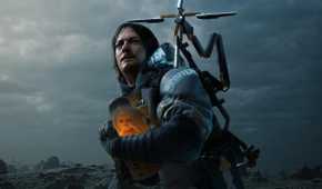 Key art for Death Stranding video game of man holding a baby encased in a water-filled carrier