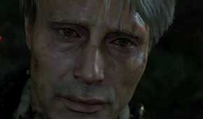 An image from the game "Death Stranding", showing actor Mads Mikkelsen covered in dirt and grime.