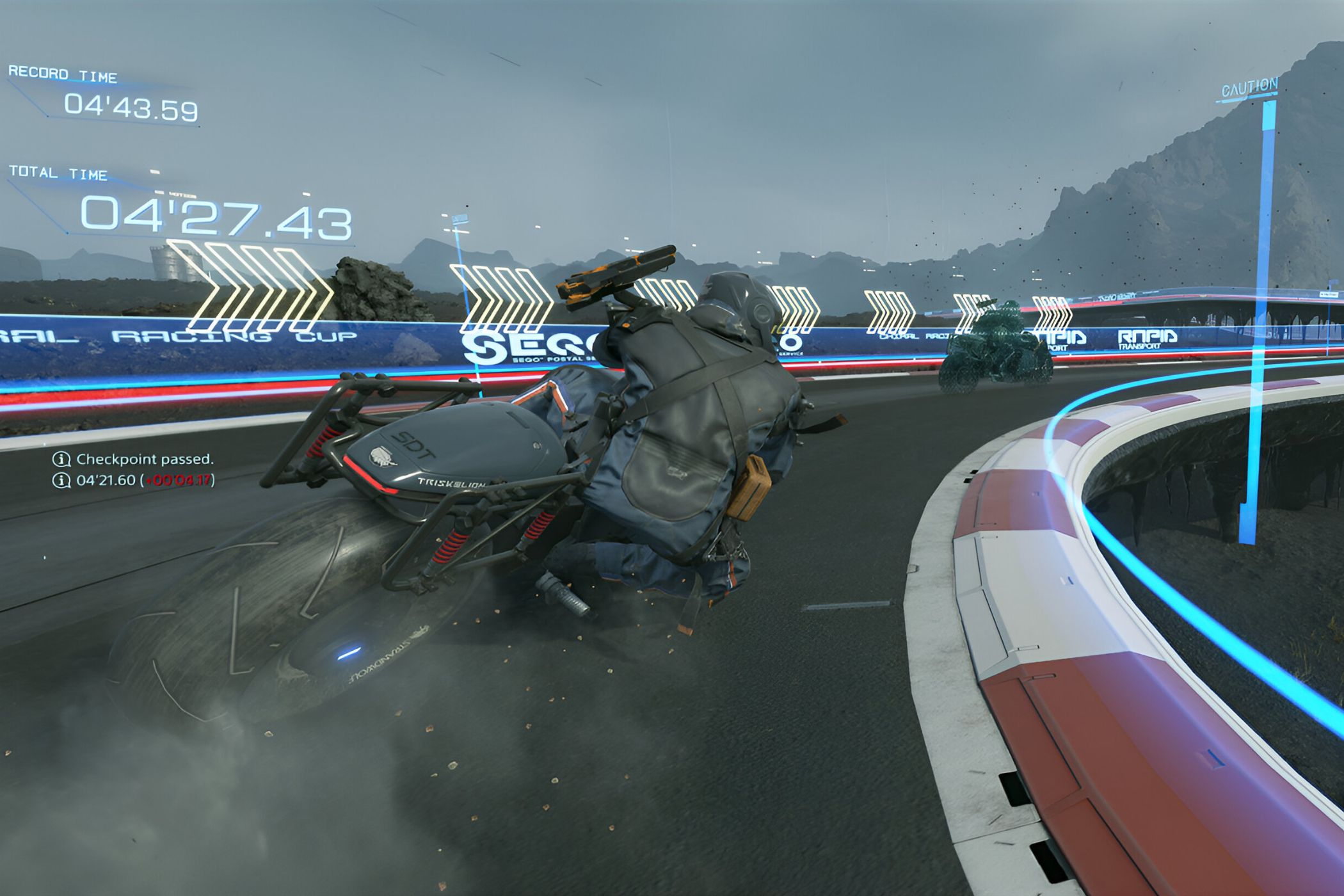 An image from the game "Death Stranding", showing a person leaning their motorcycle on a race track.