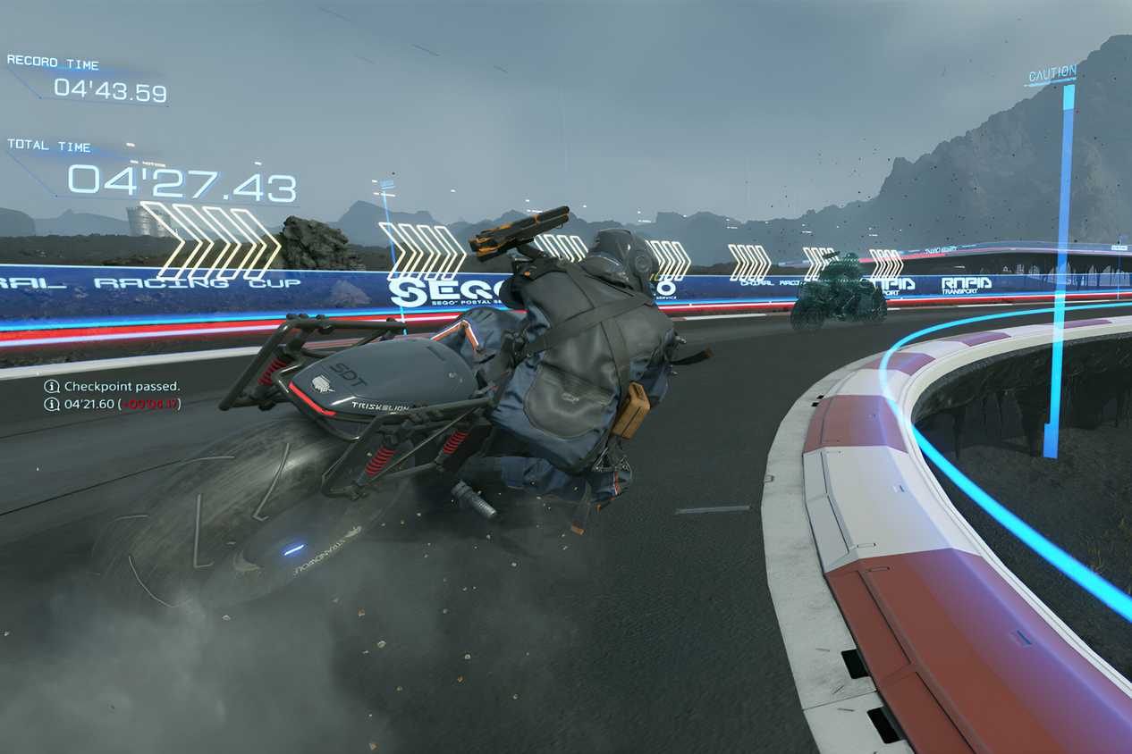 An image from the game "Death Stranding", showing a person leaning their motorcycle on a race track.