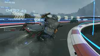 An image from the game "Death Stranding", showing a person leaning their motorcycle on a race track.