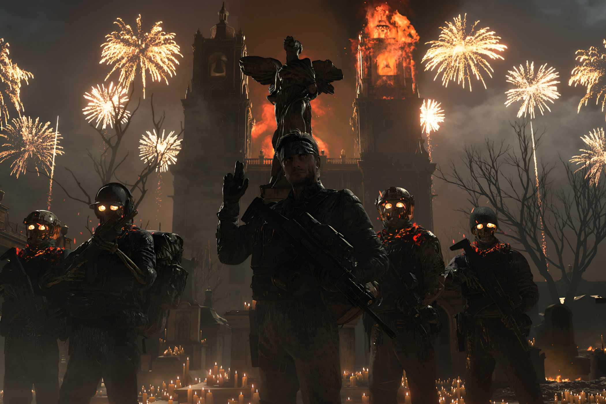 An image from the game "Death Stranding 2: On The Beach", showing a squadron of armed men in a dark environment as fireworks go off in the background.