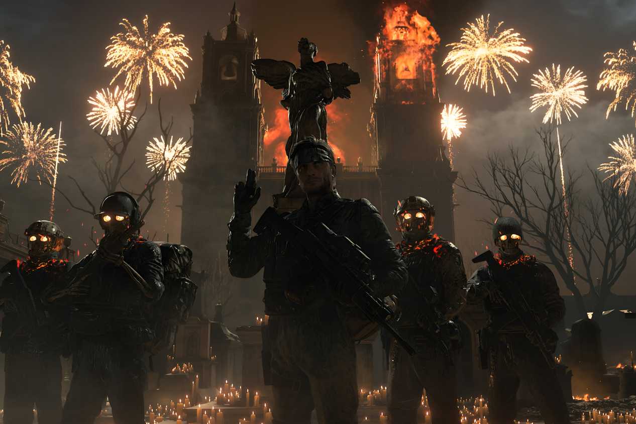 An image from the game "Death Stranding 2: On The Beach", showing a squadron of armed men in a dark environment as fireworks go off in the background.