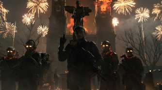 An image from the game "Death Stranding 2: On The Beach", showing a squadron of armed men in a dark environment as fireworks go off in the background.