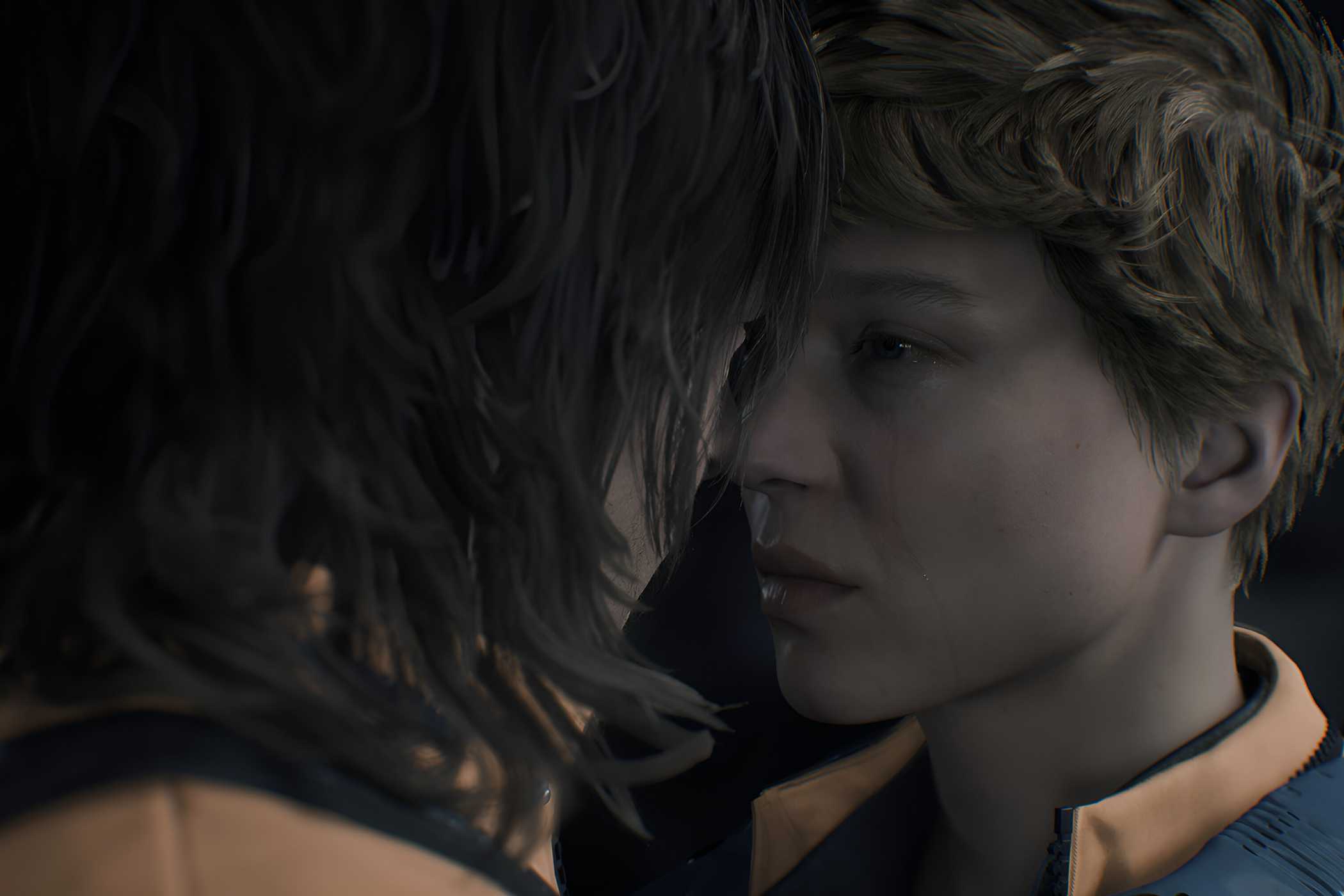 An image from the game "Death Stranding 2: On The Beach", showing Fragile and Sam touching foreheads.