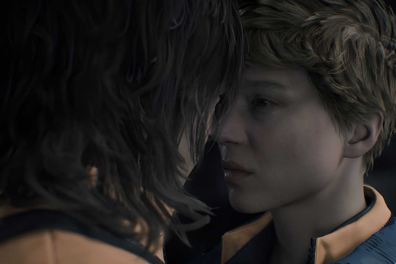 An image from the game "Death Stranding 2: On The Beach", showing Fragile and Sam touching foreheads.