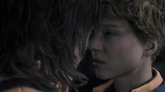 An image from the game "Death Stranding 2: On The Beach", showing Fragile and Sam touching foreheads.