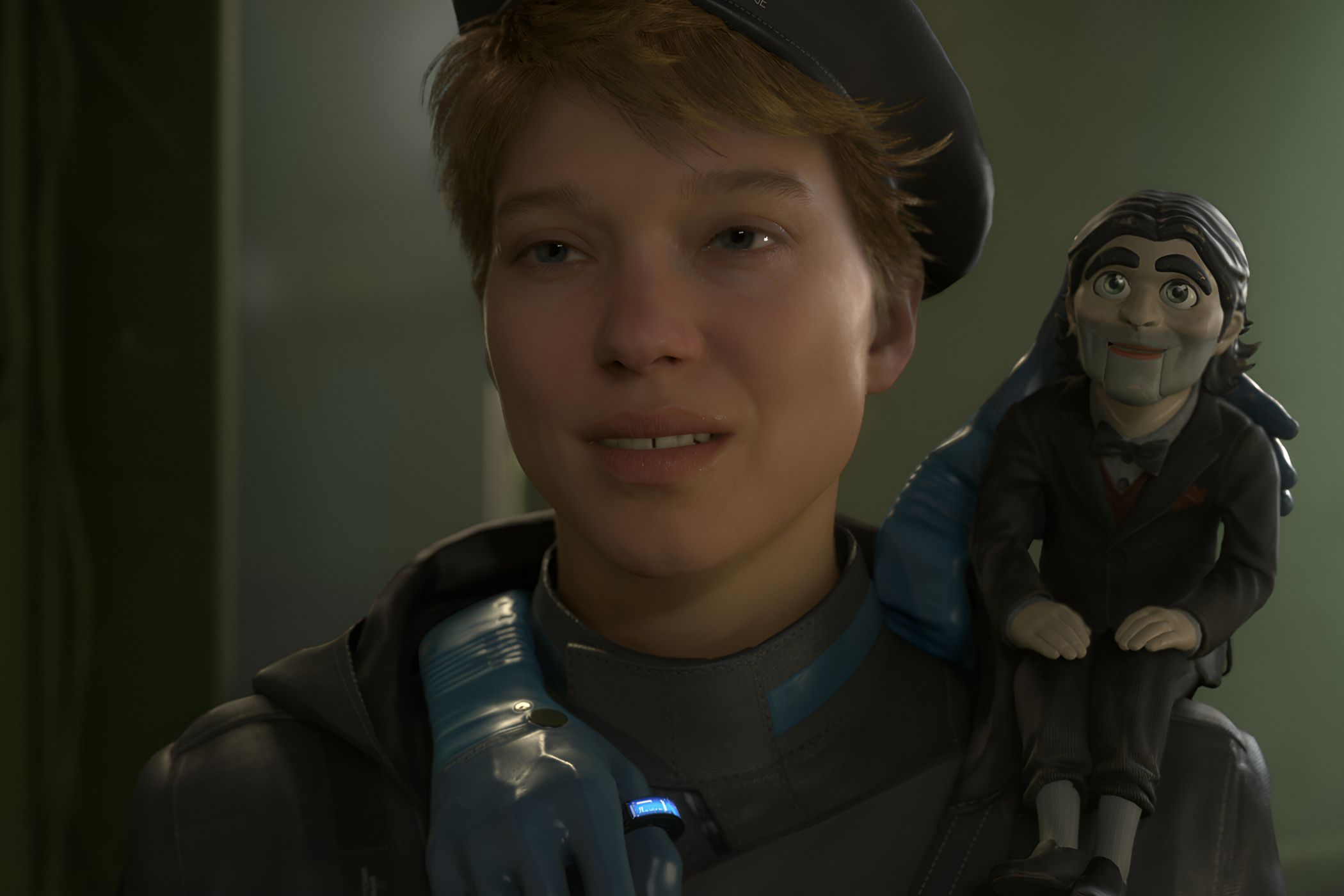 An image from the game "Death Stranding 2: On the Beach", showing a woman with a pupper sitting on her shoulder.