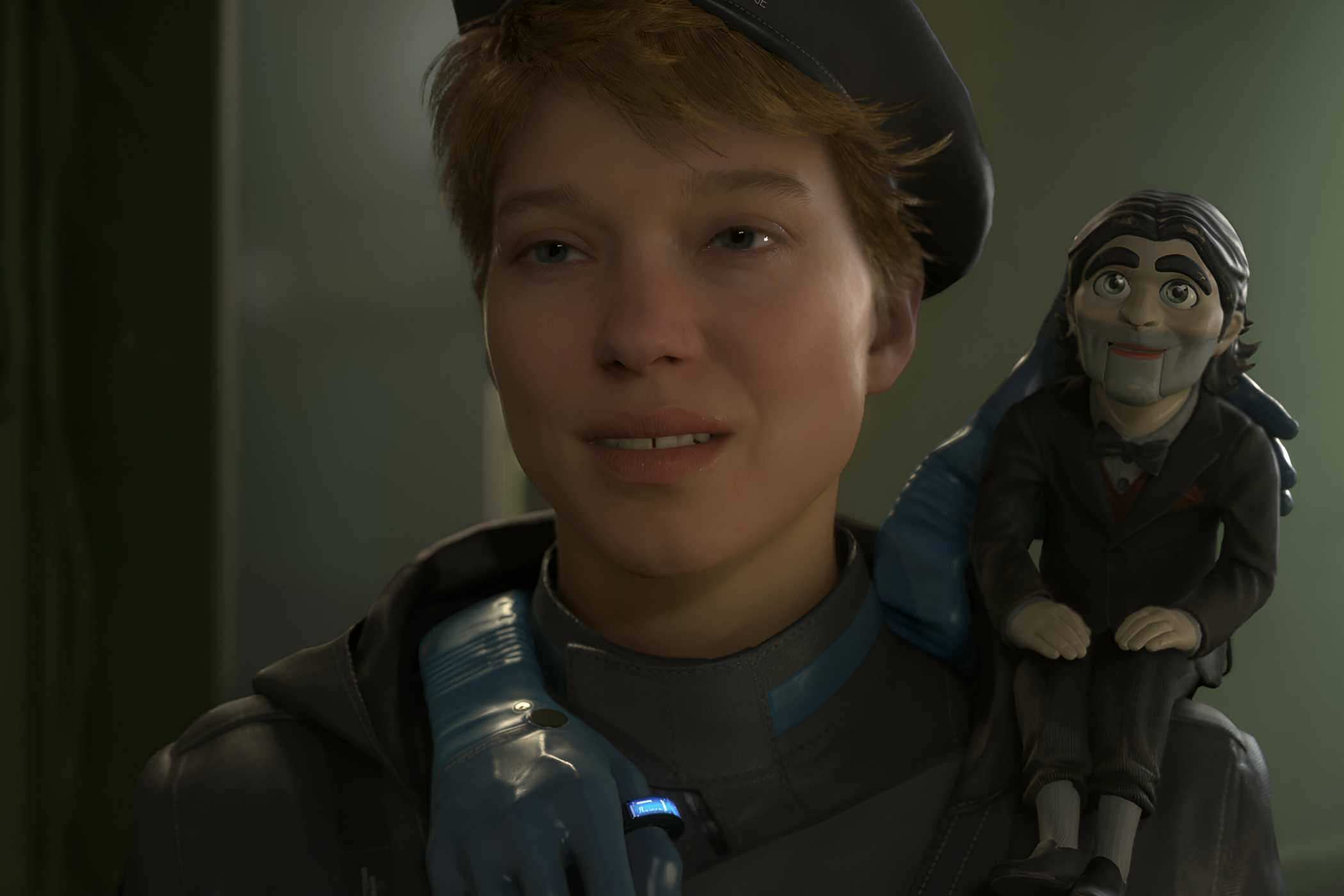 An image from the game "Death Stranding 2: On the Beach", showing a woman with a pupper sitting on her shoulder.