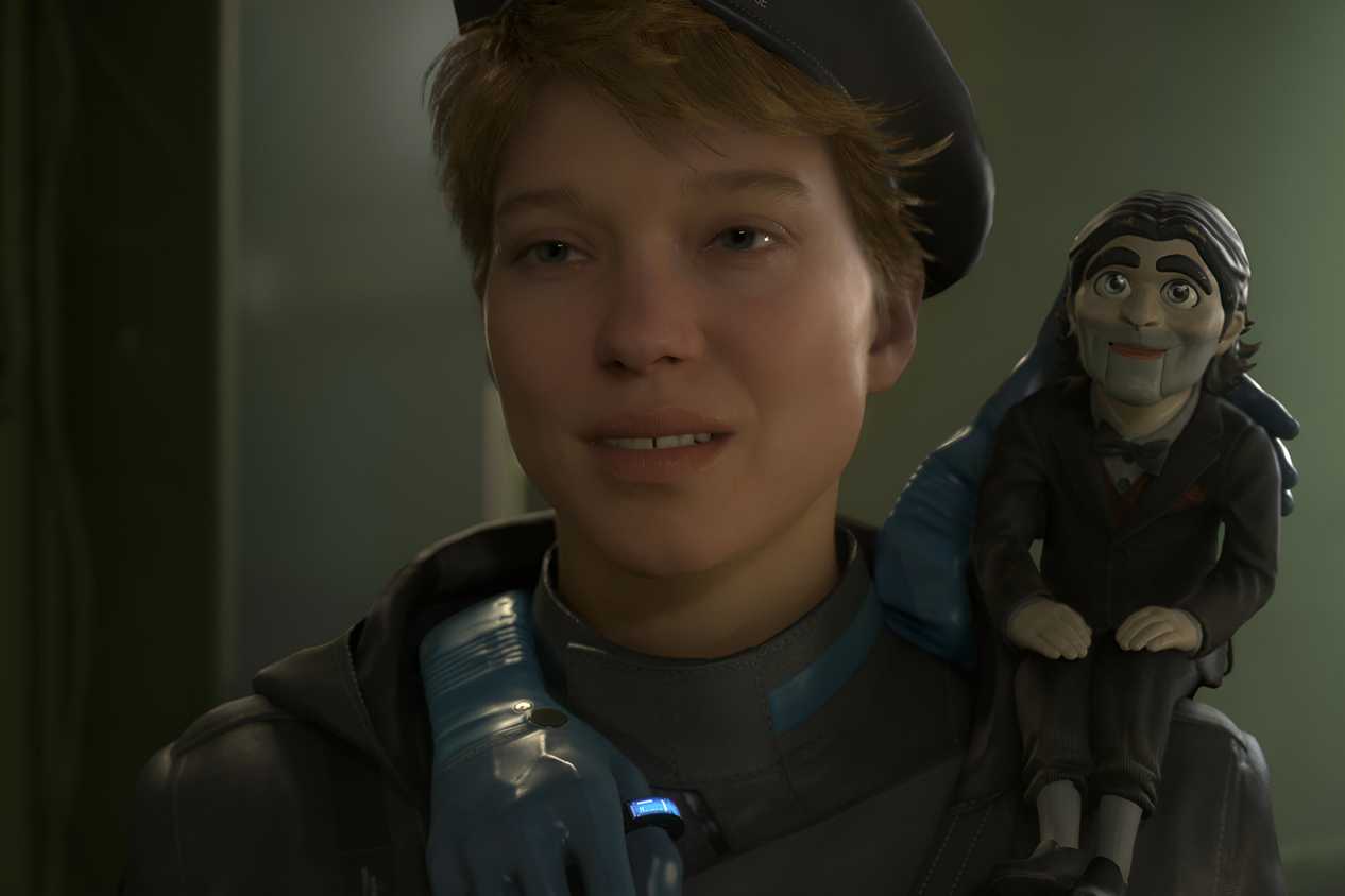 An image from the game "Death Stranding 2: On the Beach", showing a woman with a pupper sitting on her shoulder.
