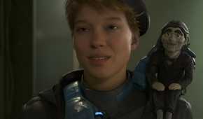 An image from the game "Death Stranding 2: On the Beach", showing a woman with a pupper sitting on her shoulder.