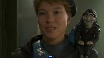 An image from the game "Death Stranding 2: On the Beach", showing a woman with a pupper sitting on her shoulder.