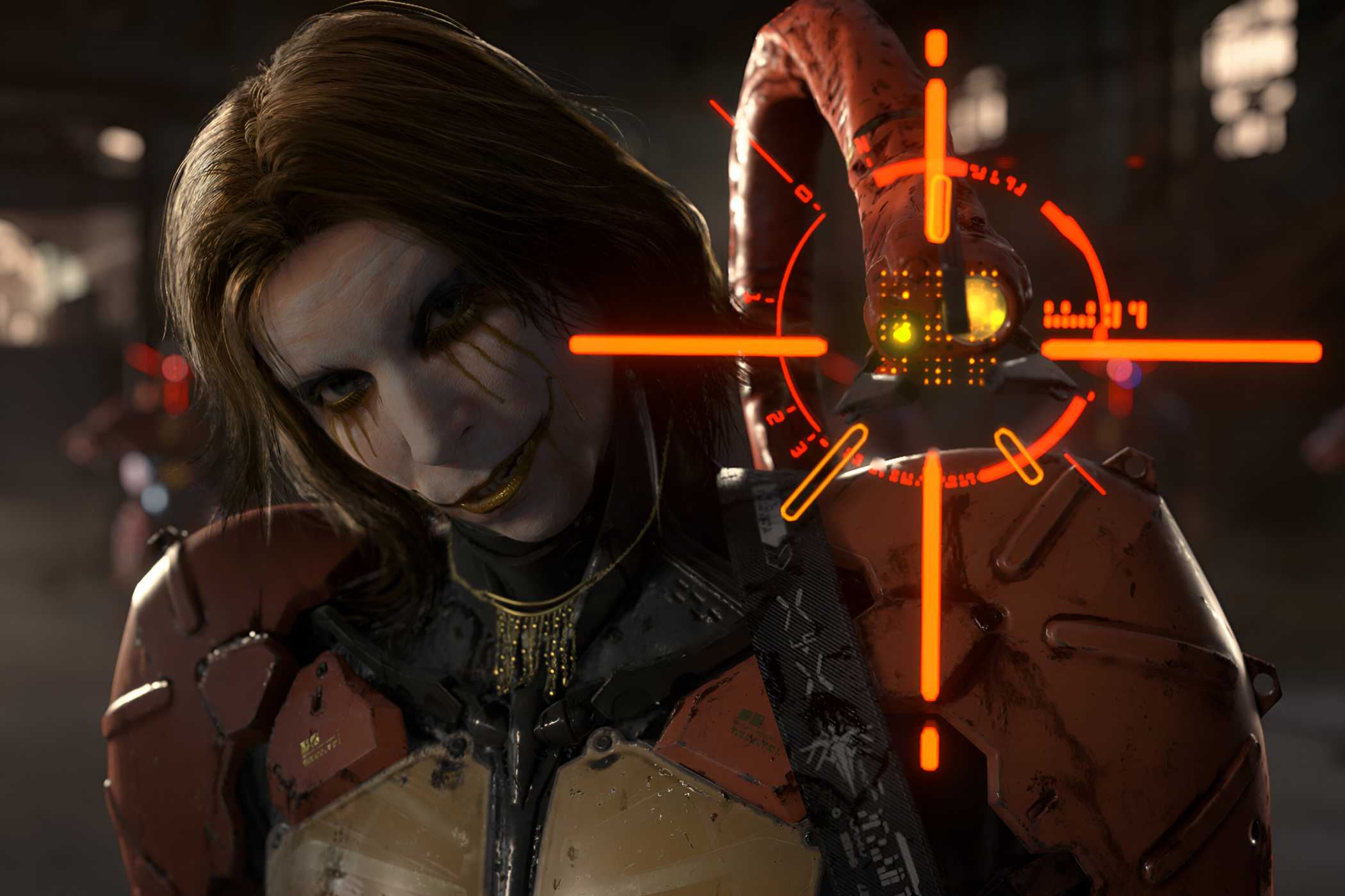 An image from the game "Death Stranding 2: On The Beach", showing a man wearing a mechanical suit and face paint.