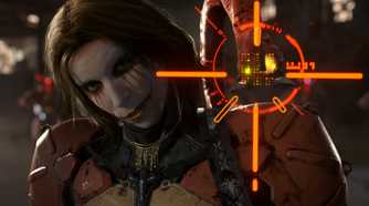 An image from the game "Death Stranding 2: On The Beach", showing a man wearing a mechanical suit and face paint.