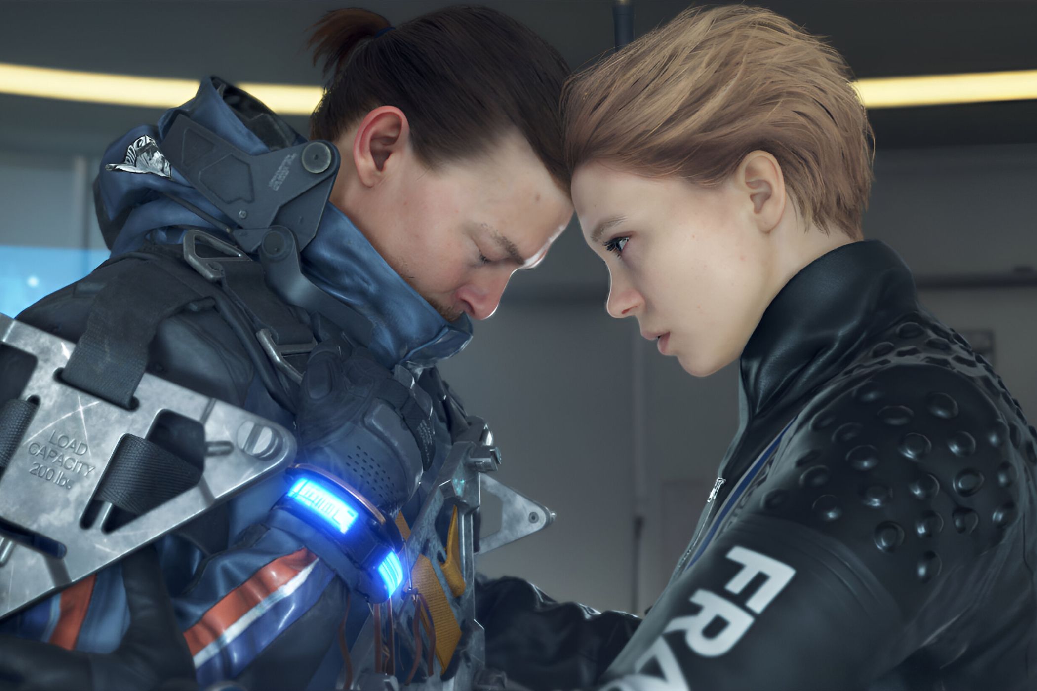An image from the game "Death Stranding", showing a man and a woman touching their foreheads.