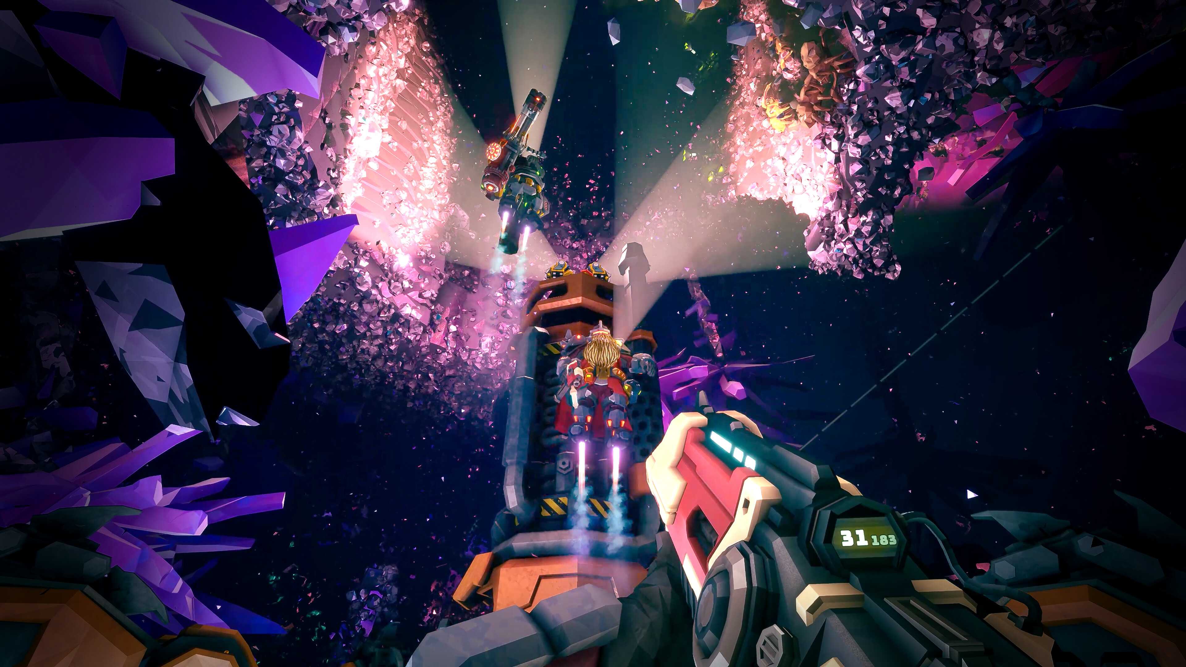 Screenshot from Deep Rock Galactic video game of dwarves travelling towards the surface in a mine with bright purple stones around them