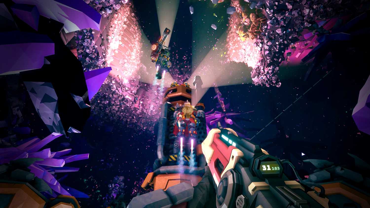 Screenshot from Deep Rock Galactic video game of dwarves travelling towards the surface in a mine with bright purple stones around them