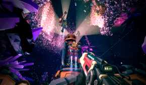 Screenshot from Deep Rock Galactic video game of dwarves travelling towards the surface in a mine with bright purple stones around them