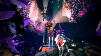Screenshot from Deep Rock Galactic video game of dwarves travelling towards the surface in a mine with bright purple stones around them