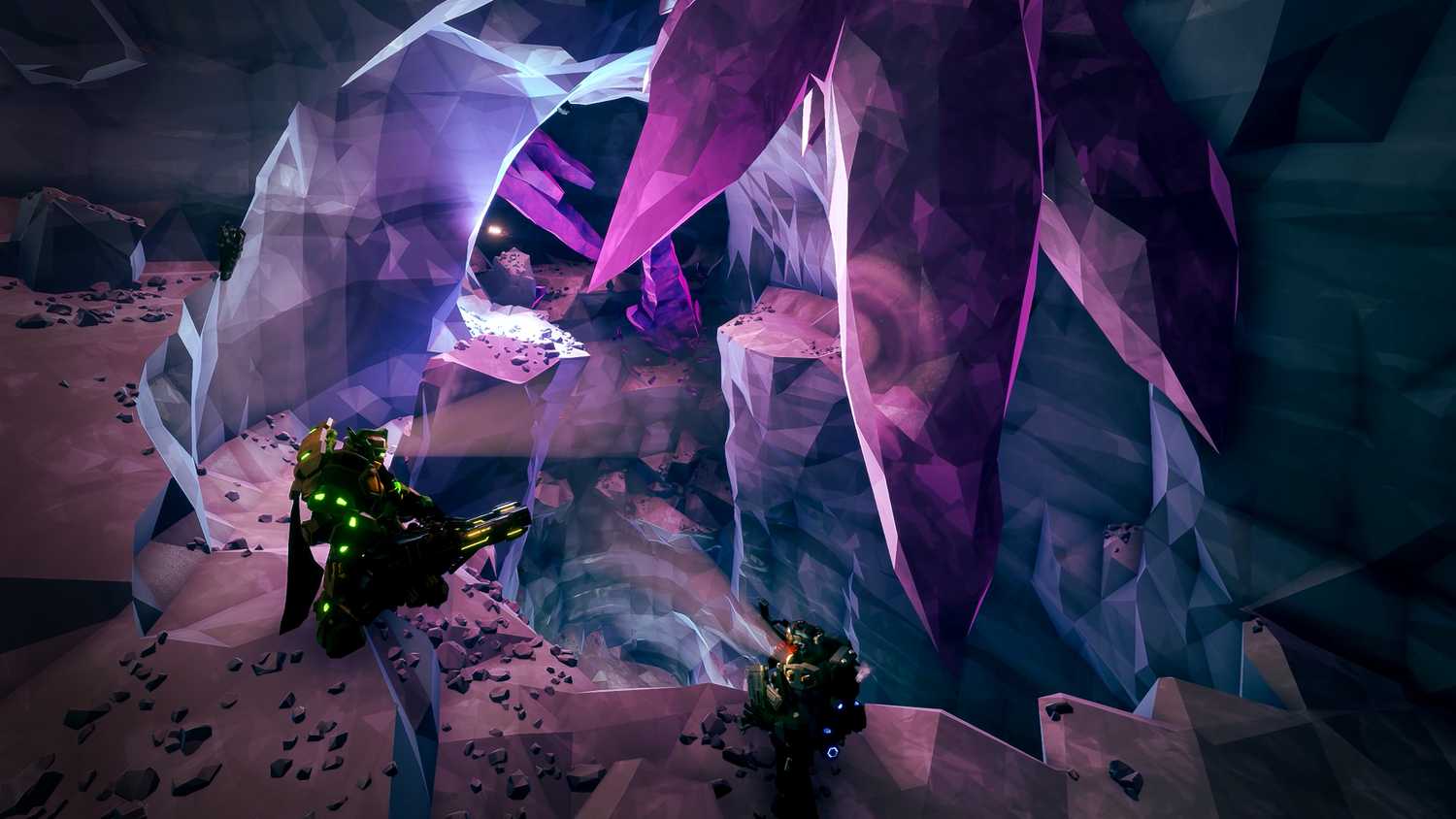 Screenshot from Deep Rock Galactic video game of two dwarves looking down a mine with bright purple stones around them