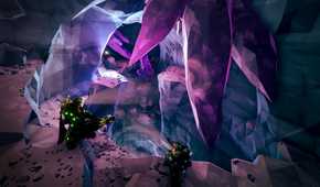 Screenshot from Deep Rock Galactic video game of two dwarves looking down a mine with bright purple stones around them