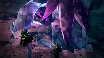 Screenshot from Deep Rock Galactic video game of two dwarves looking down a mine with bright purple stones around them